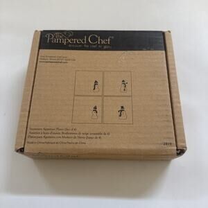 Pampered Chef Holiday Glass SNOWMAN Appetizer Plates Set of 4 Christmas Plates